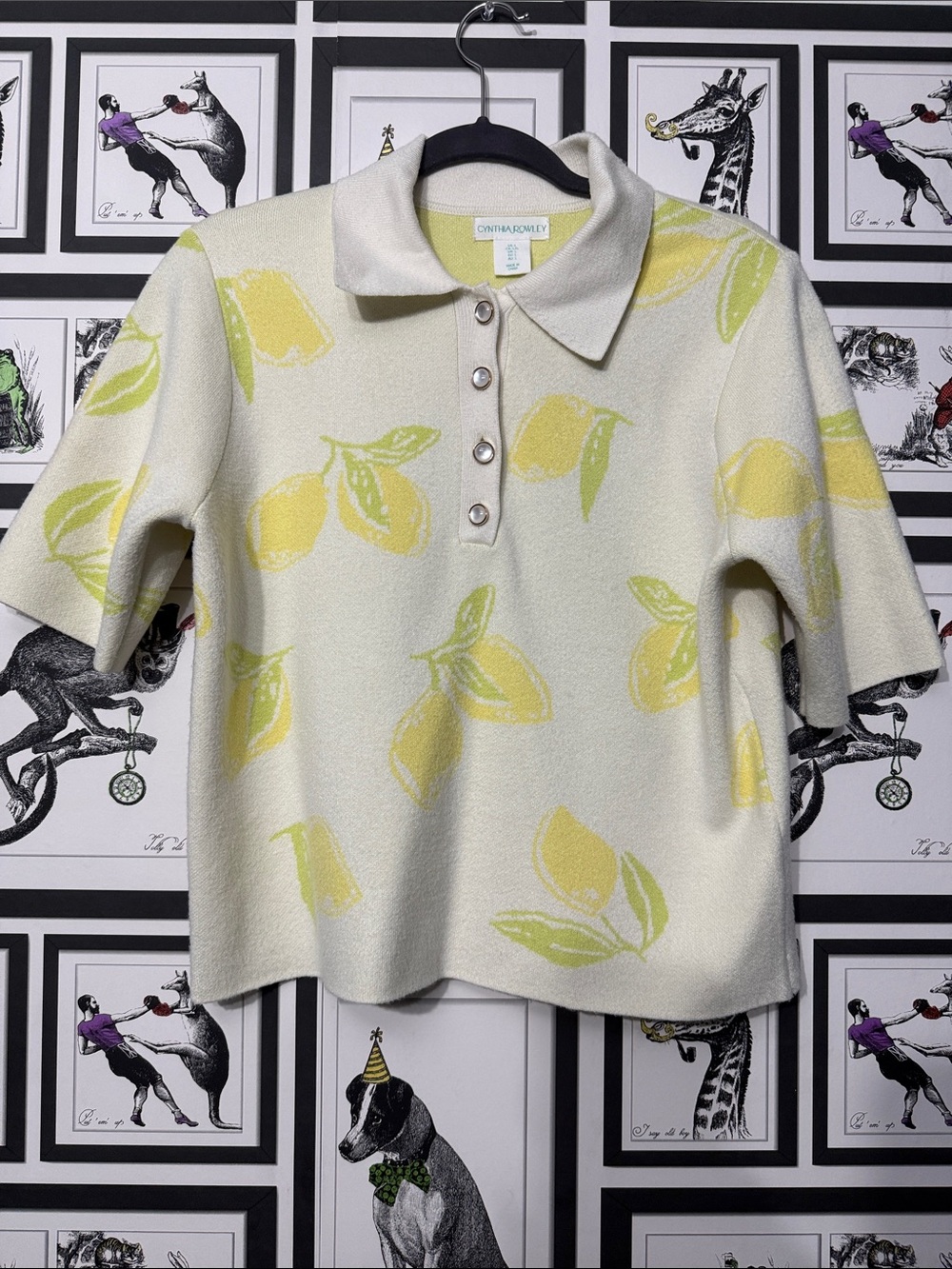 Cynthia Rowley Cream Polo Top with Yellow Lemon Print